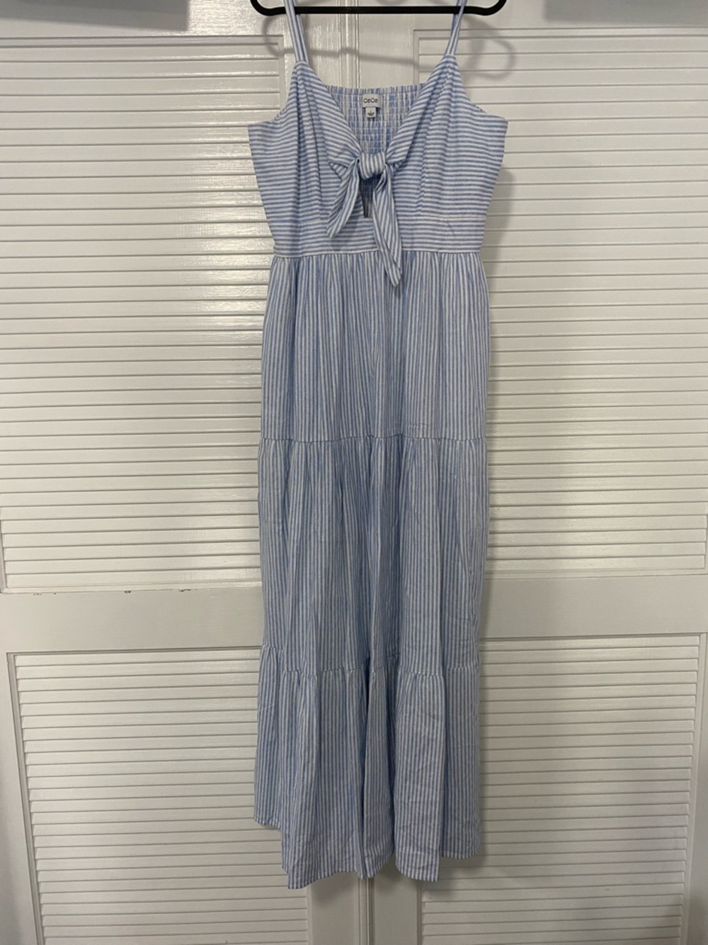 CeCe Blue and White Striped Tie-Front Maxi Dress